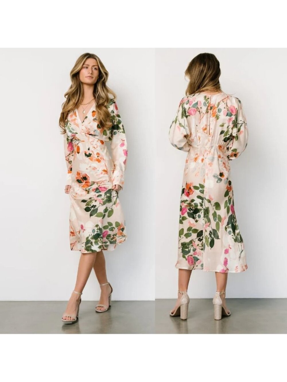 BALTIC BORN Bari Satin Midi Dress Natural Floral Size LARGE